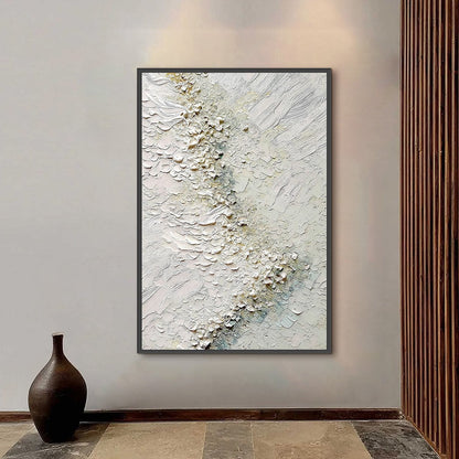 Aegean Foam hand-painted white, ocean blue and gold textured coastal landscape painting shown with black frame