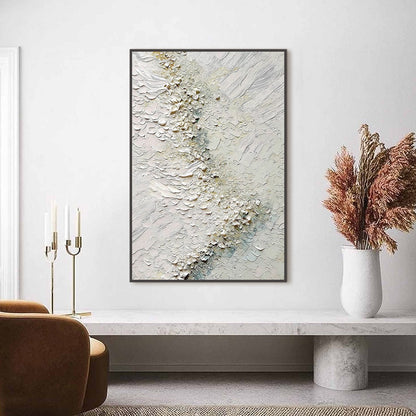 Aegean Foam hand-painted white, ocean blue and gold textured coastal landscape painting shown as stretched canvas
