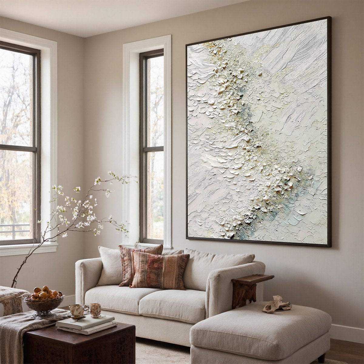 Aegean Foam hand-painted white, ocean blue and gold textured coastal landscape painting shown with wood frame