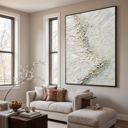 Aegean Foam hand-painted white, ocean blue and gold textured coastal landscape painting shown with wood frame