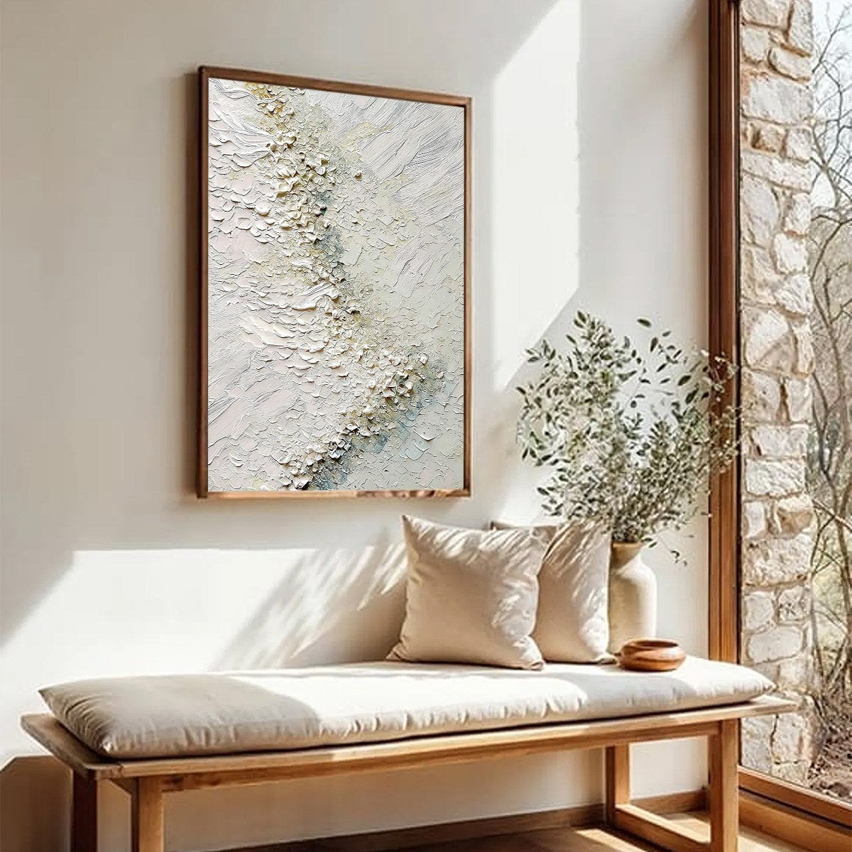 Aegean Foam hand-painted white, ocean blue and gold textured coastal landscape painting rolled canvas option