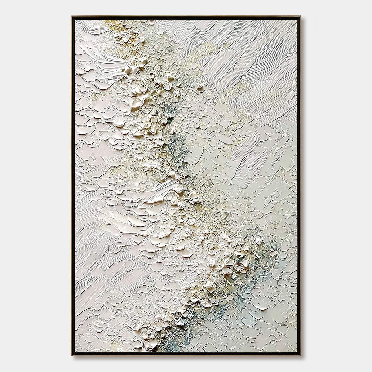 Aegean Foam hand-painted white, ocean blue and gold textured coastal landscape painting rolled canvas option