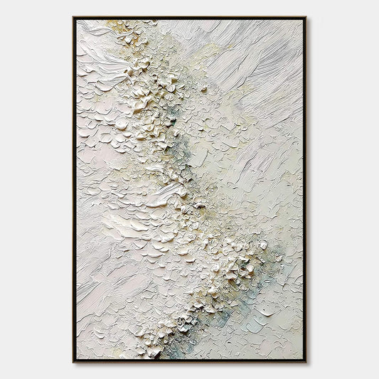 Aegean Foam hand-painted white, ocean blue and gold textured coastal landscape painting rolled canvas option
