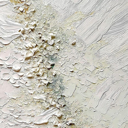 Aegean Foam hand-painted white, ocean blue and gold textured coastal landscape painting shown with white frame
