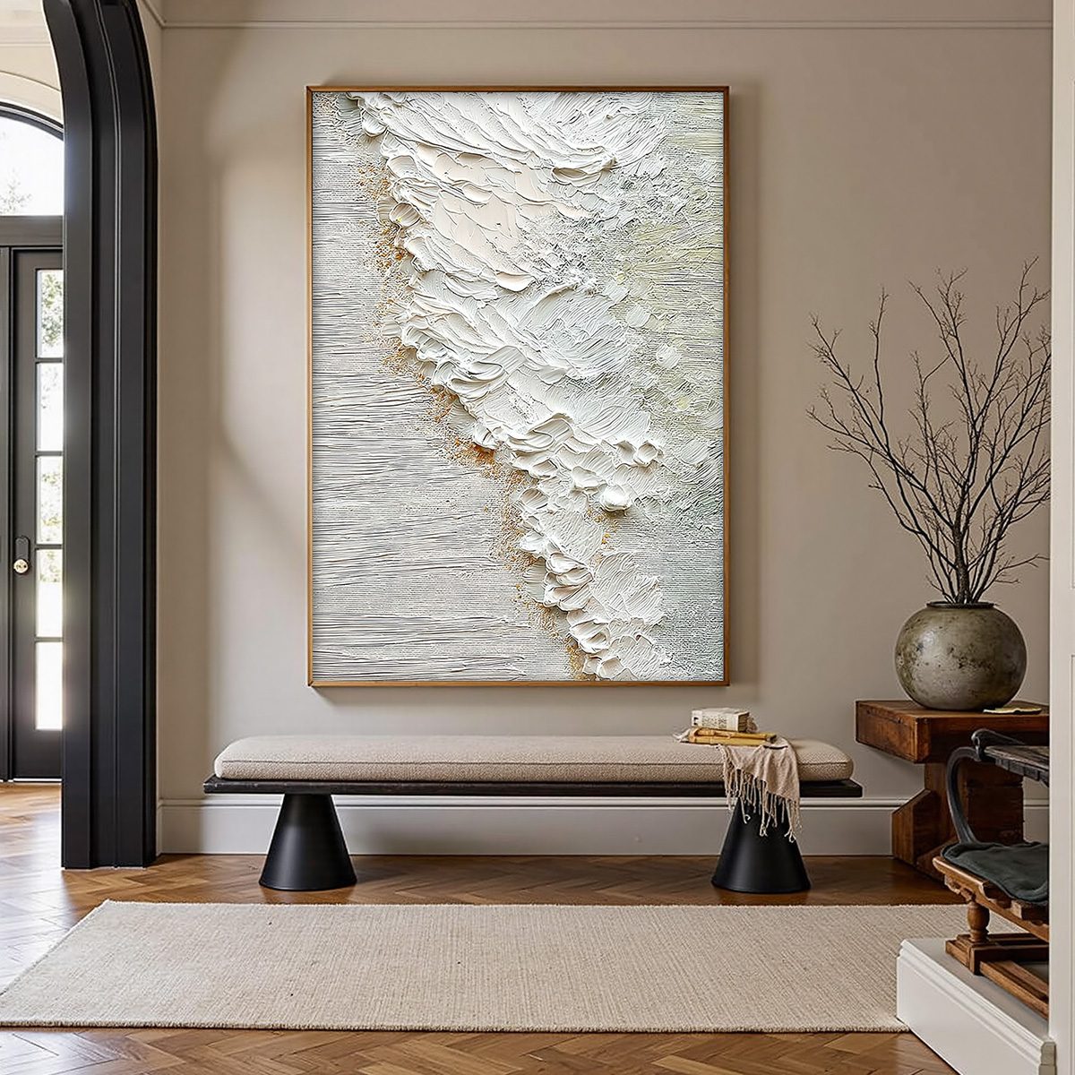 Aegean Foam hand-painted ocean blue, ivory and soft neutral tones textured coastal abstract painting shown as stretched canvas