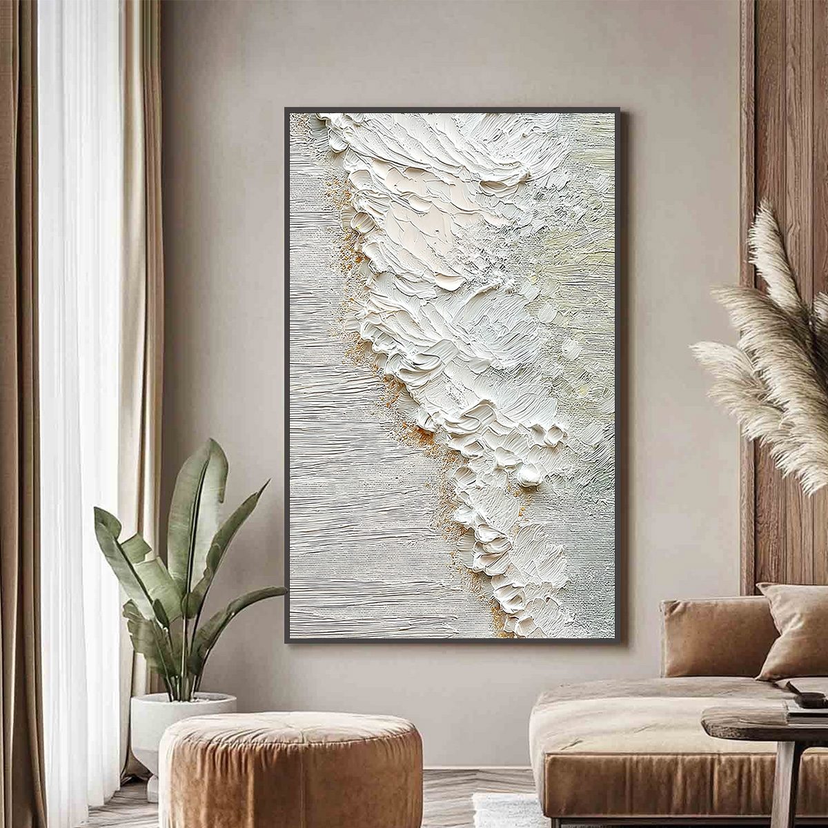 Aegean Foam hand-painted ocean blue, ivory and soft neutral tones textured coastal abstract painting shown with silver frame