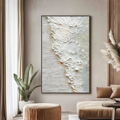Aegean Foam hand-painted ocean blue, ivory and soft neutral tones textured coastal abstract painting shown with silver frame