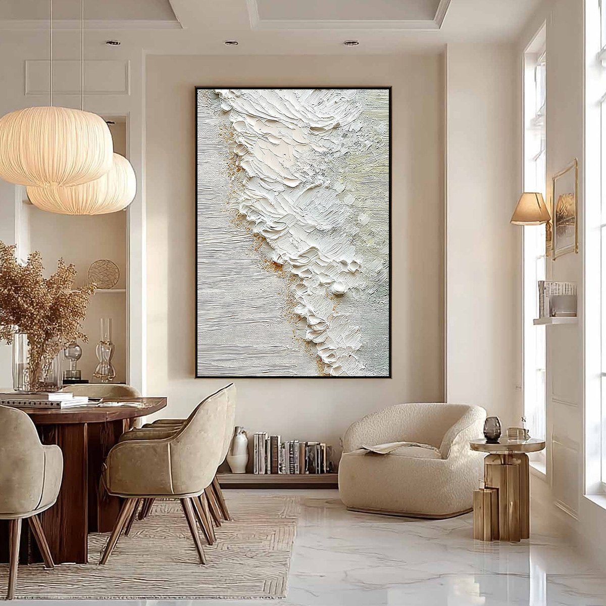 Aegean Foam hand-painted ocean blue, ivory and soft neutral tones textured coastal abstract painting shown with black frame