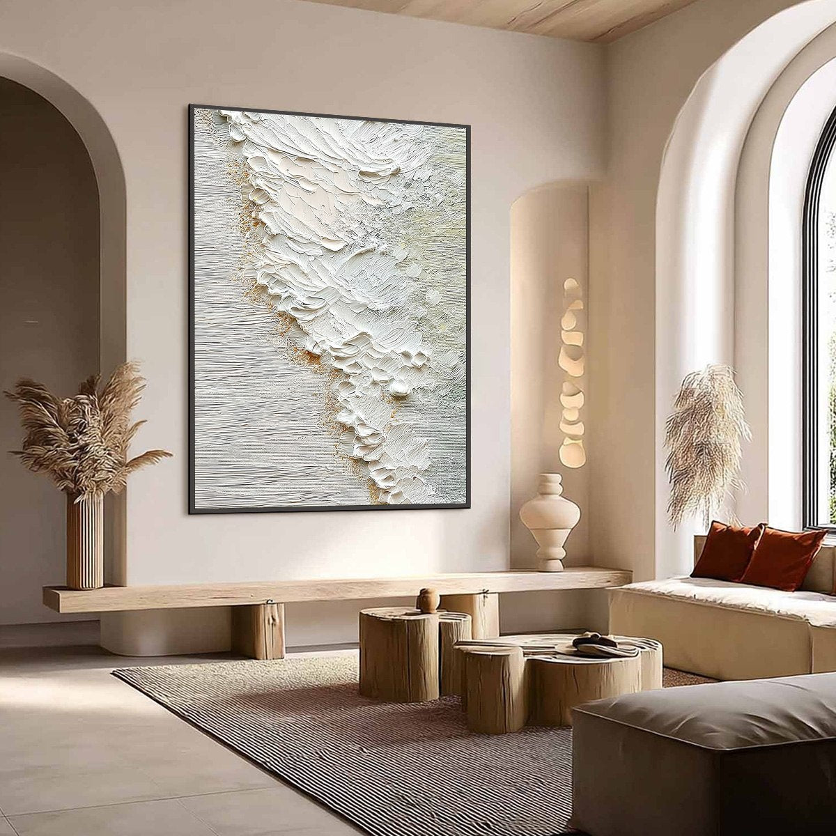 Aegean Foam hand-painted ocean blue, ivory and soft neutral tones textured coastal abstract painting shown with wood frame
