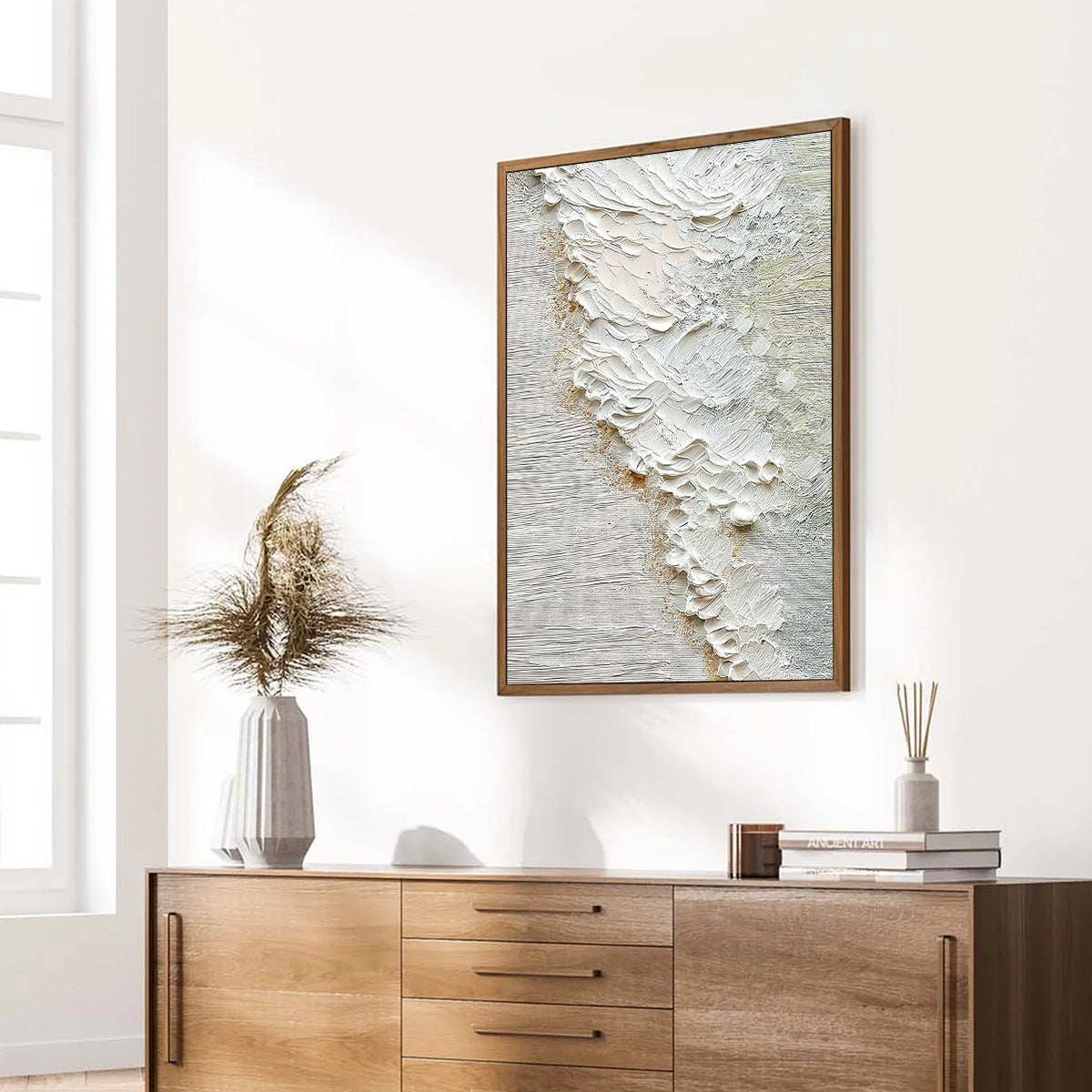 Aegean Foam hand-painted ocean blue, ivory and soft neutral tones textured coastal abstract painting rolled canvas option