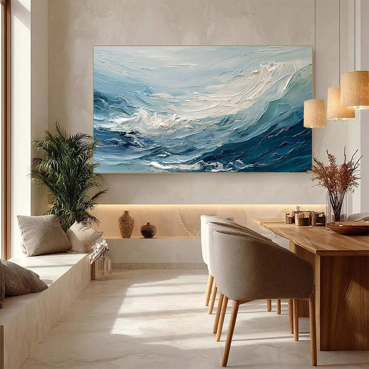Aegean Surge hand-painted ocean blue, ivory and soft neutral tones textured ocean wave painting shown with silver frame