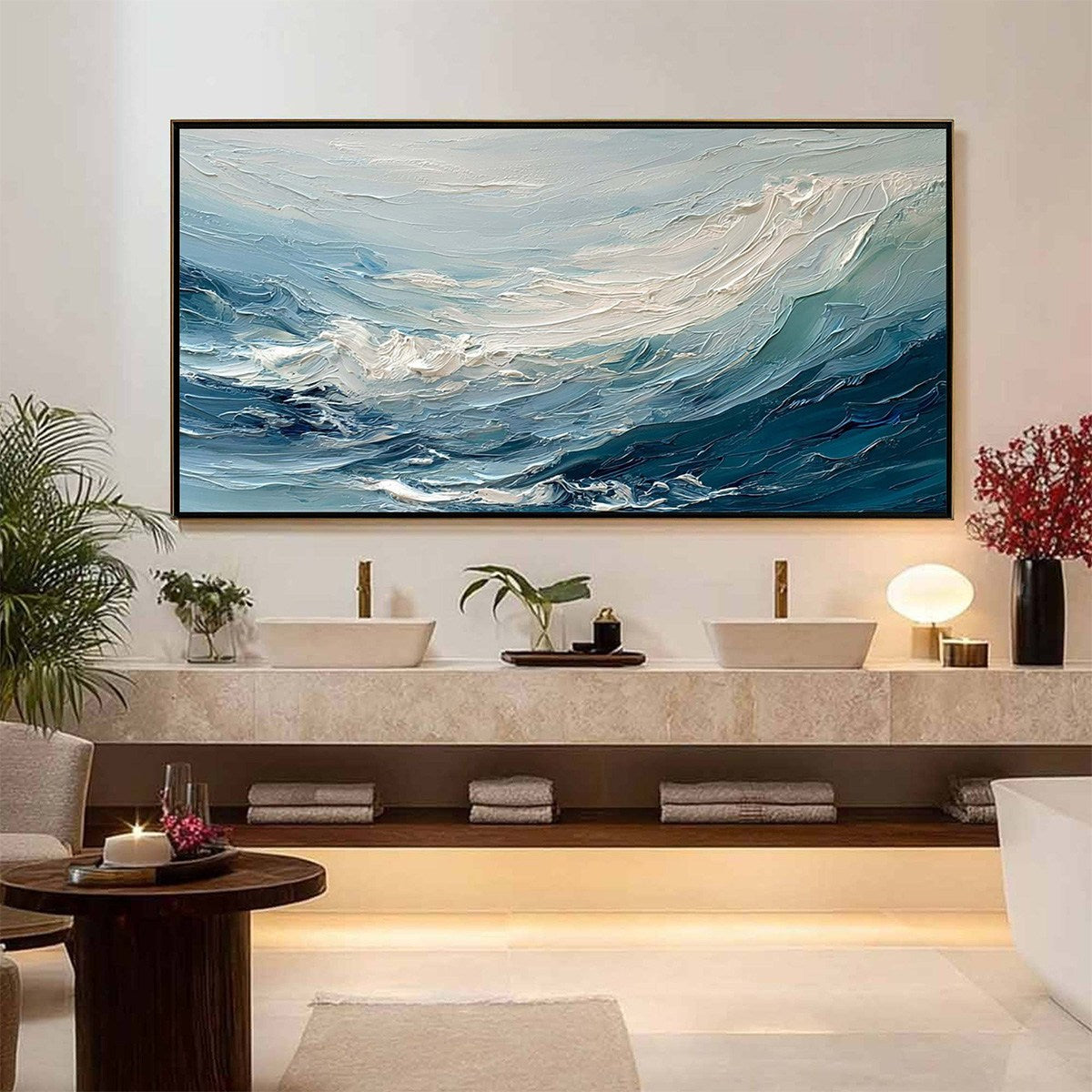 Aegean Surge hand-painted ocean blue, ivory and soft neutral tones textured ocean wave painting shown with black frame