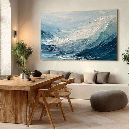 Aegean Surge hand-painted ocean blue, ivory and soft neutral tones textured ocean wave painting shown with wood frame