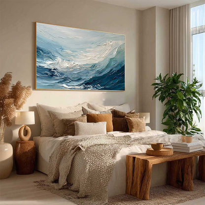 Aegean Surge hand-painted ocean blue, ivory and soft neutral tones textured ocean wave painting rolled canvas option