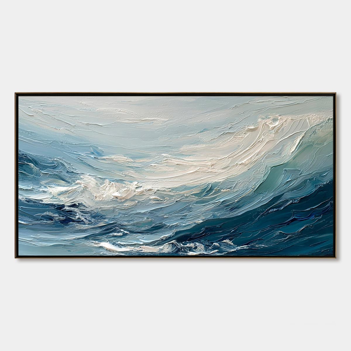 Aegean Surge hand-painted ocean blue, ivory and soft neutral tones textured ocean wave painting rolled canvas option