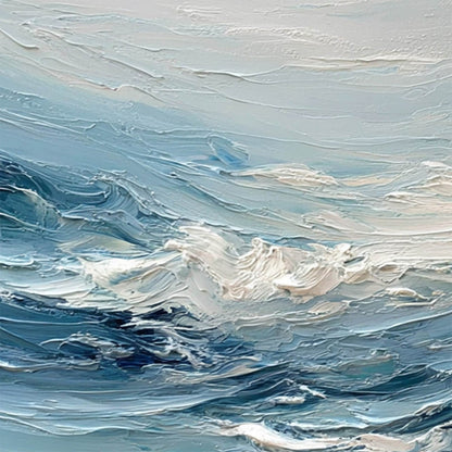 Aegean Surge hand-painted ocean blue, ivory and soft neutral tones textured ocean wave painting shown with gold frame