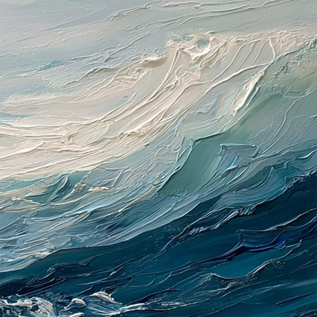 Aegean Surge hand-painted ocean blue, ivory and soft neutral tones textured ocean wave painting shown with white frame