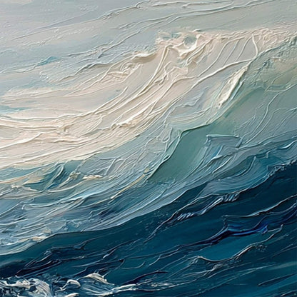 Aegean Surge hand-painted ocean blue, ivory and soft neutral tones textured ocean wave painting shown with white frame
