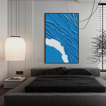 Aegean Tide hand-painted white and soft beige textured ocean wave painting shown with silver frame