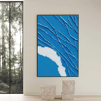 Aegean Tide hand-painted white and soft beige textured ocean wave painting shown with black frame