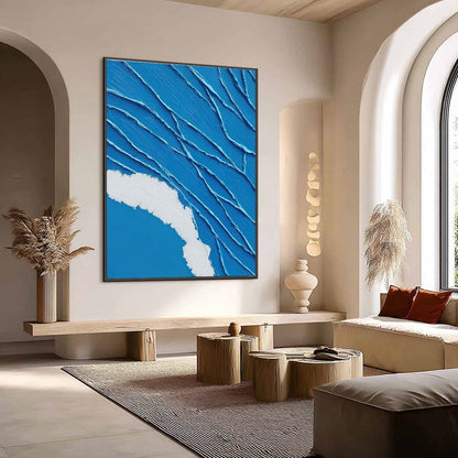 Aegean Tide hand-painted white and soft beige textured ocean wave painting shown with wood frame