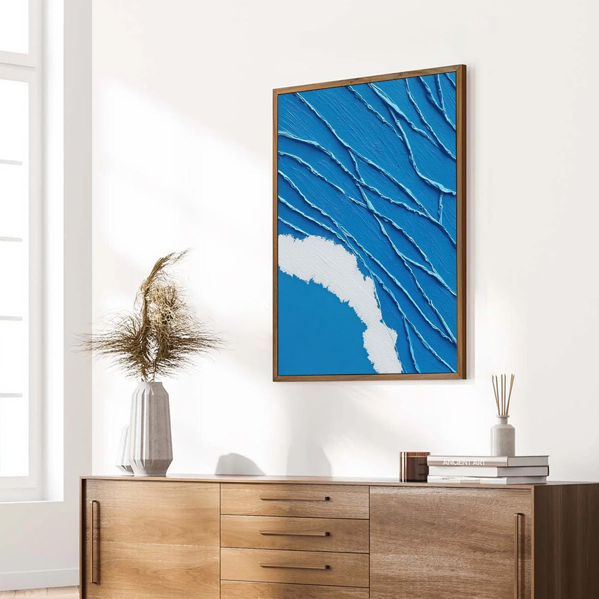 Aegean Tide hand-painted white and soft beige textured ocean wave painting rolled canvas option