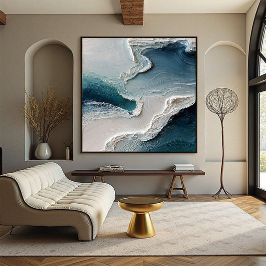 Aegean Tide hand-painted ocean blue, ivory and soft neutral tones textured ocean wave painting shown as stretched canvas