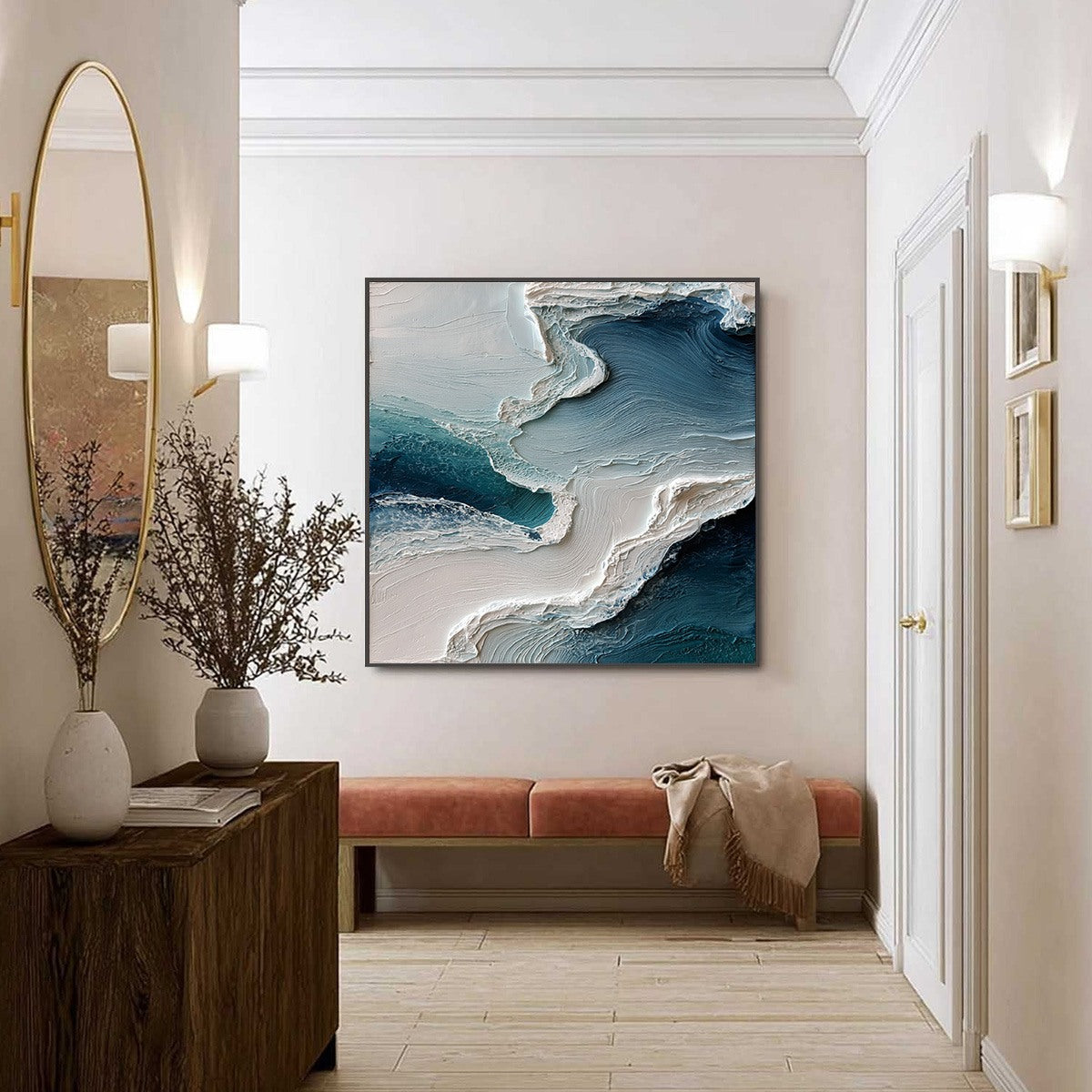 Aegean Tide hand-painted ocean blue, ivory and soft neutral tones textured ocean wave painting shown with silver frame