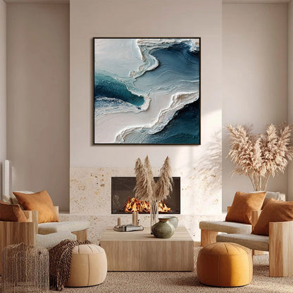Aegean Tide hand-painted ocean blue, ivory and soft neutral tones textured ocean wave painting shown with black frame