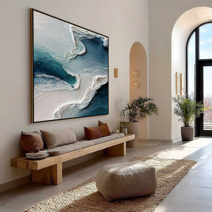 Aegean Tide hand-painted ocean blue, ivory and soft neutral tones textured ocean wave painting shown with wood frame