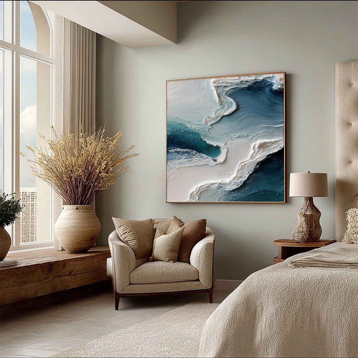 Aegean Tide hand-painted ocean blue, ivory and soft neutral tones textured ocean wave painting rolled canvas option