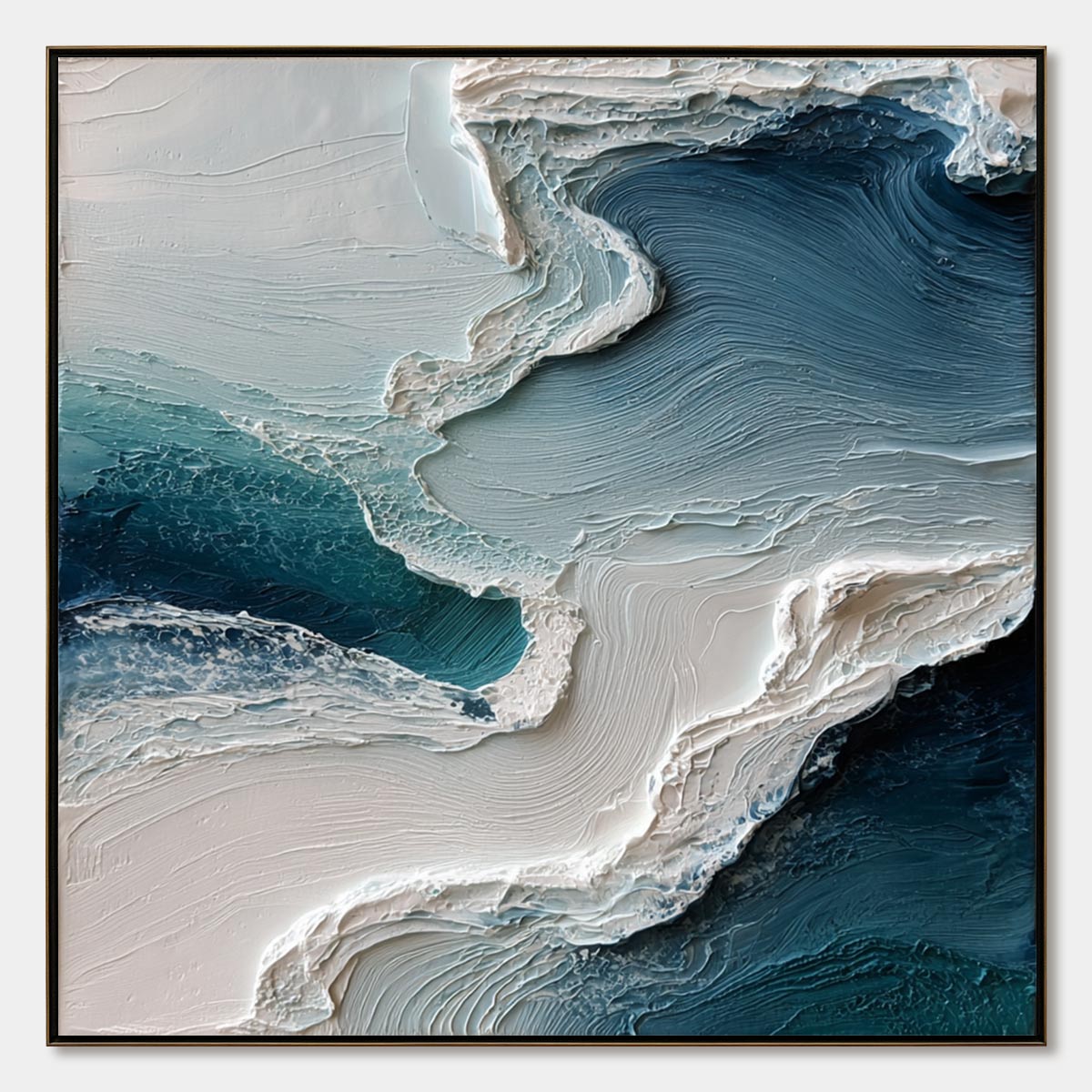 Aegean Tide hand-painted ocean blue, ivory and soft neutral tones textured ocean wave painting rolled canvas option