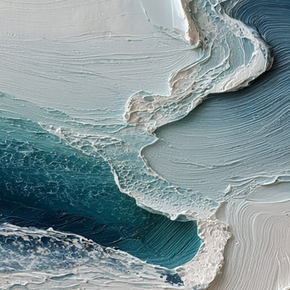 Aegean Tide hand-painted ocean blue, ivory and soft neutral tones textured ocean wave painting shown with white frame