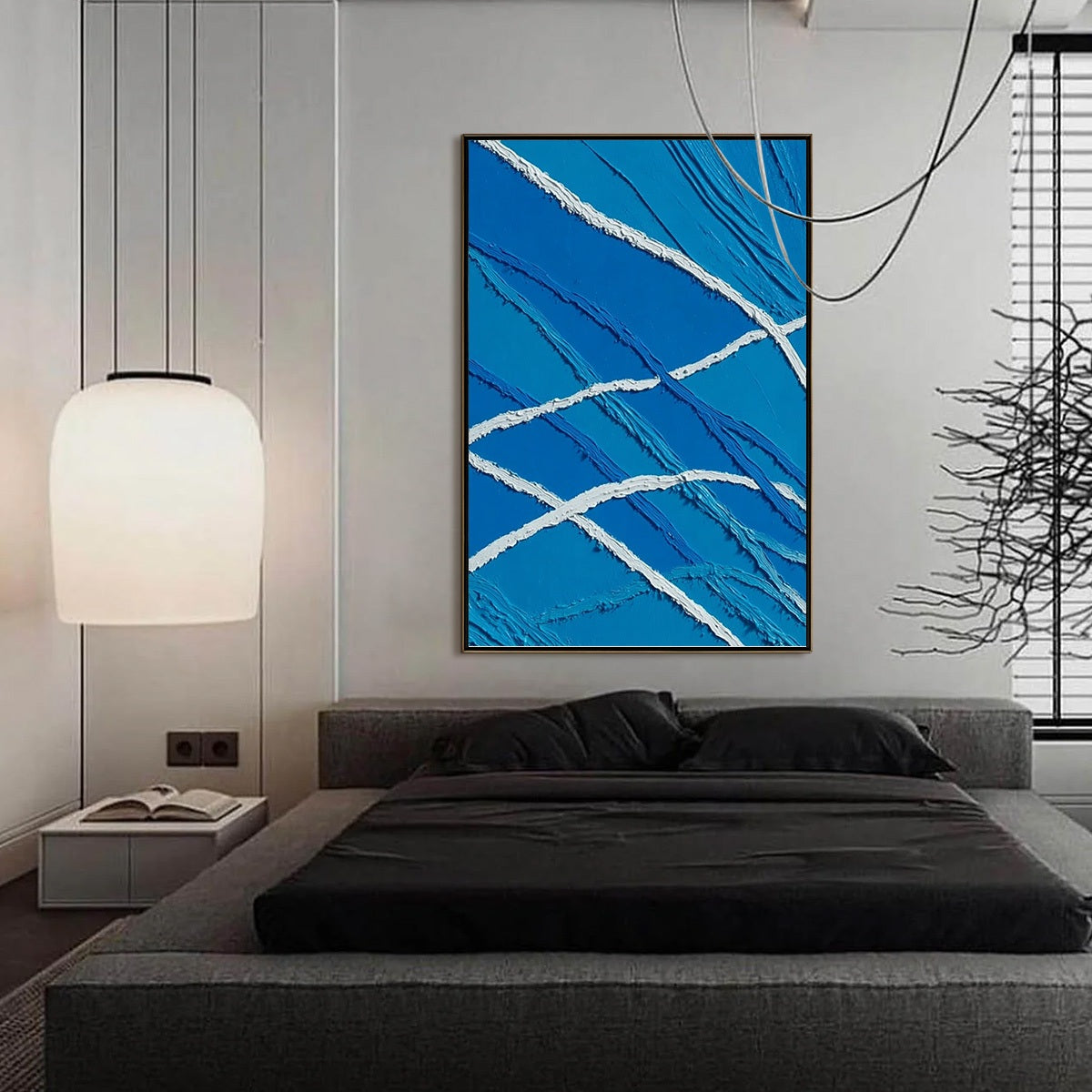 Aegean Tides hand-painted white and ocean blue textured ocean wave painting shown with silver frame