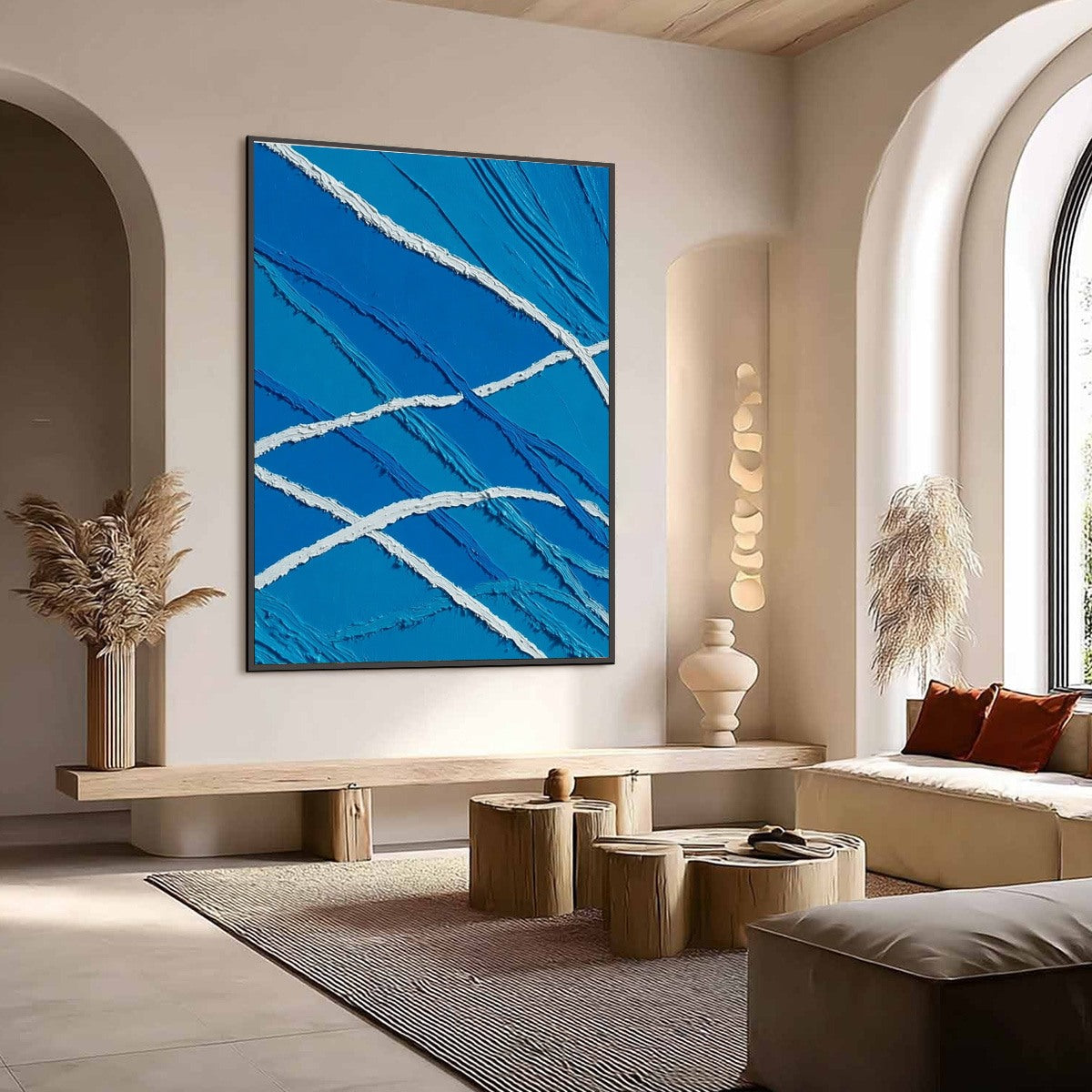 Aegean Tides hand-painted white and ocean blue textured ocean wave painting shown with wood frame