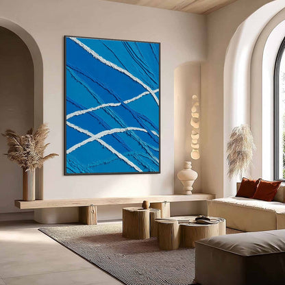 Aegean Tides hand-painted white and ocean blue textured ocean wave painting shown with wood frame