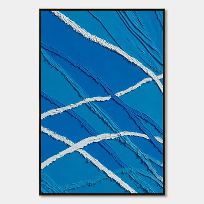 Aegean Tides hand-painted white and ocean blue textured ocean wave painting rolled canvas option