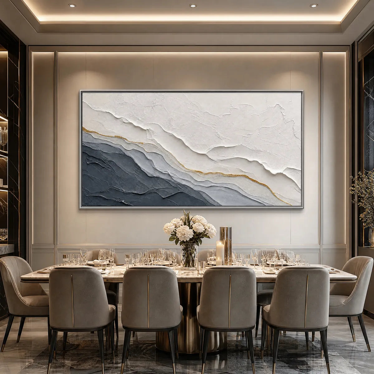 Aeon hand-painted white, soft grey, charcoal and gold textured coastal landscape painting shown as stretched canvas