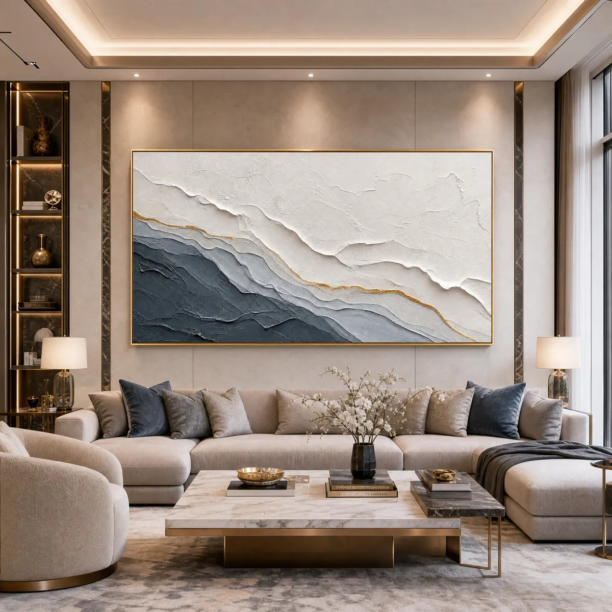 Aeon hand-painted white, soft grey, charcoal and gold textured coastal landscape painting shown with silver frame