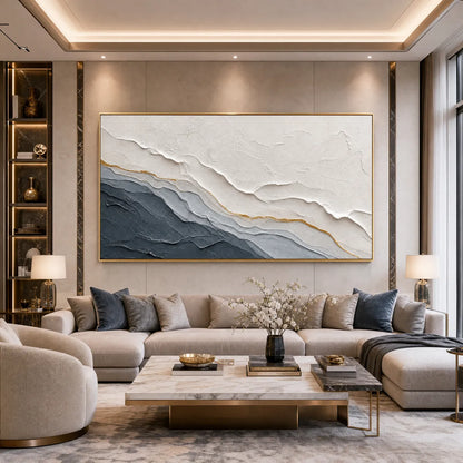 Aeon hand-painted white, soft grey, charcoal and gold textured coastal landscape painting shown with silver frame