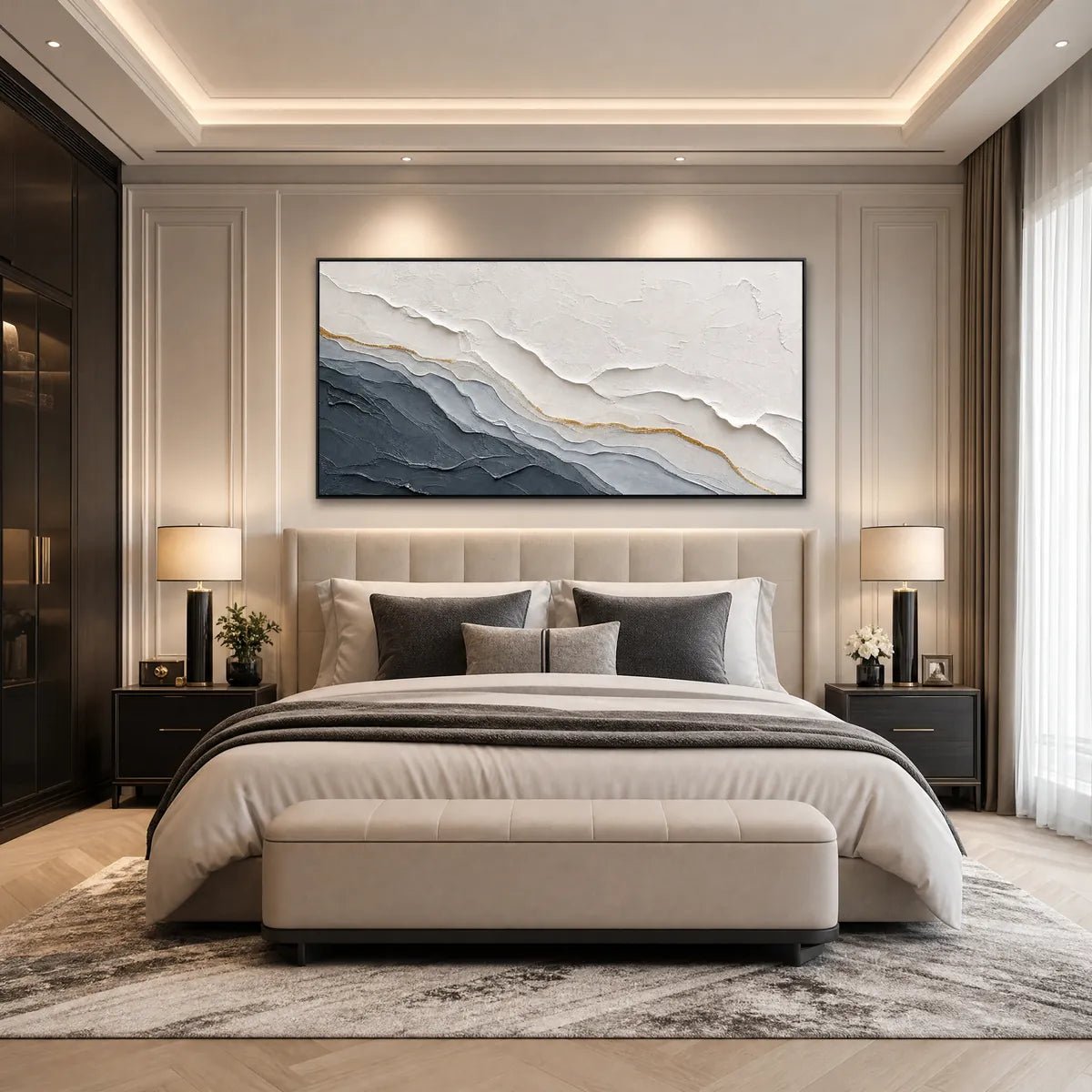 Aeon hand-painted white, soft grey, charcoal and gold textured coastal landscape painting shown with white frame