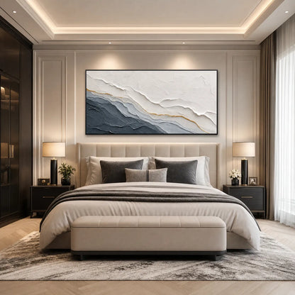 Aeon hand-painted white, soft grey, charcoal and gold textured coastal landscape painting shown with white frame