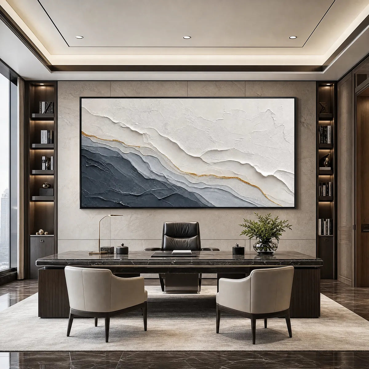 Aeon hand-painted white, soft grey, charcoal and gold textured coastal landscape painting shown with black frame