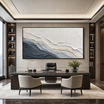 Aeon hand-painted white, soft grey, charcoal and gold textured coastal landscape painting shown with black frame