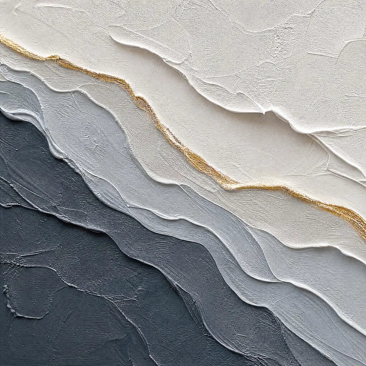 Aeon hand-painted white, soft grey, charcoal and gold textured coastal landscape painting shown with gold frame