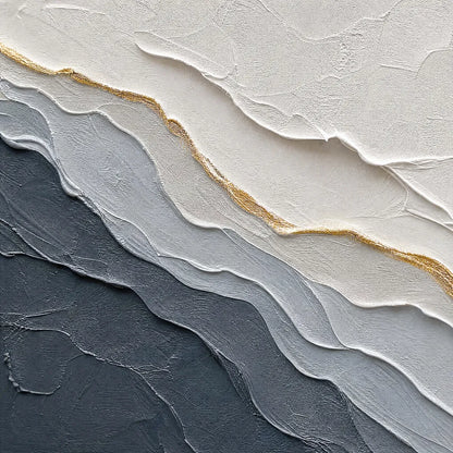 Aeon hand-painted white, soft grey, charcoal and gold textured coastal landscape painting shown with gold frame