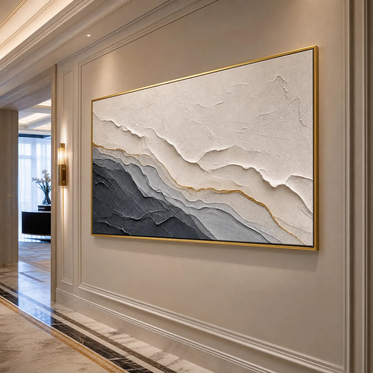 Aeon hand-painted white, soft grey, charcoal and gold textured coastal landscape painting shown with wood frame