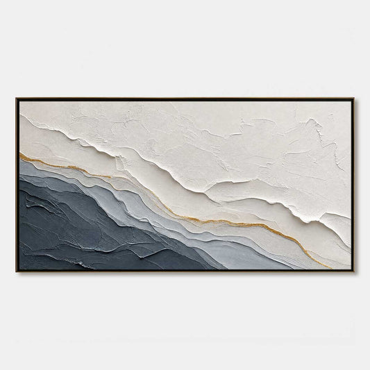 Aeon hand-painted white, soft grey, charcoal and gold textured coastal landscape painting rolled canvas option