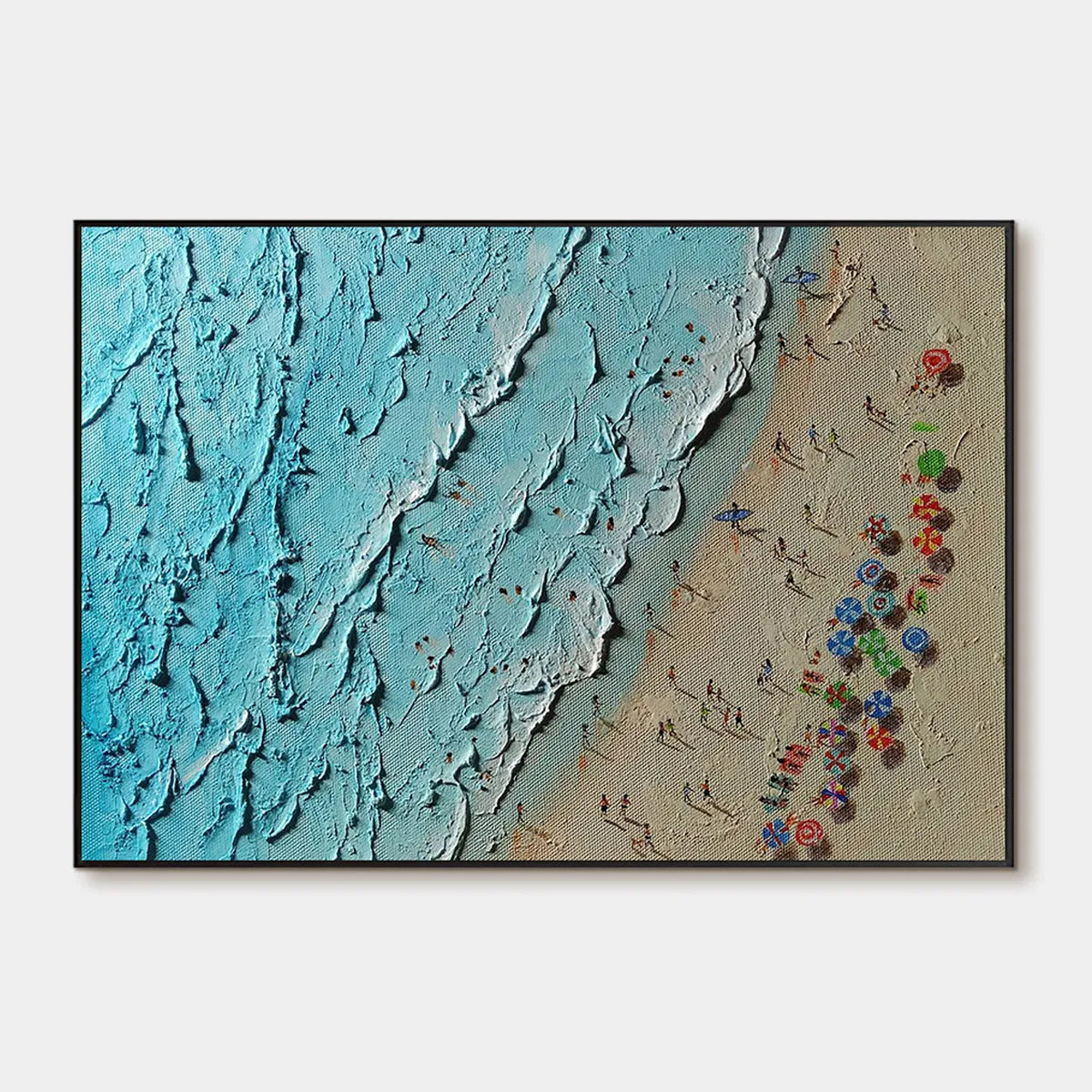 Aerial Vista hand-painted turquoise and ivory textured beach scene painting rolled canvas option
