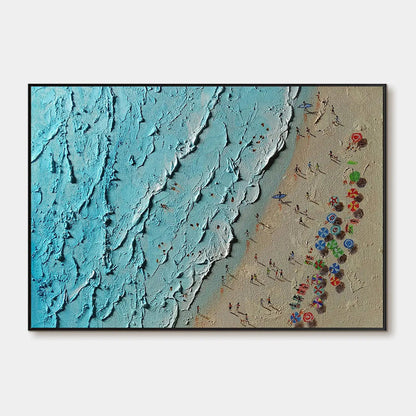 Aerial Vista hand-painted turquoise and ivory textured beach scene painting rolled canvas option